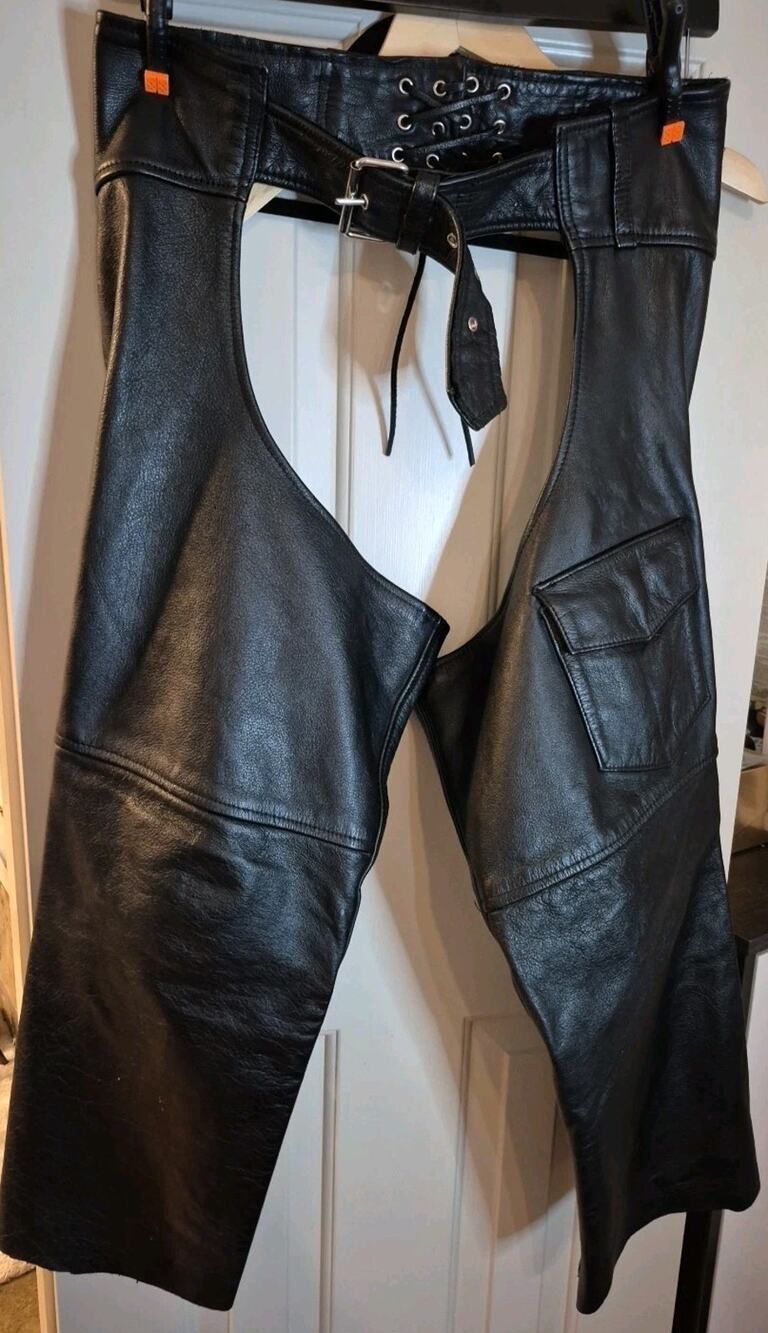 MOB Hand-tooled Leather Chaps Biker Black Horse Riding Motorcycl Size L USA Made